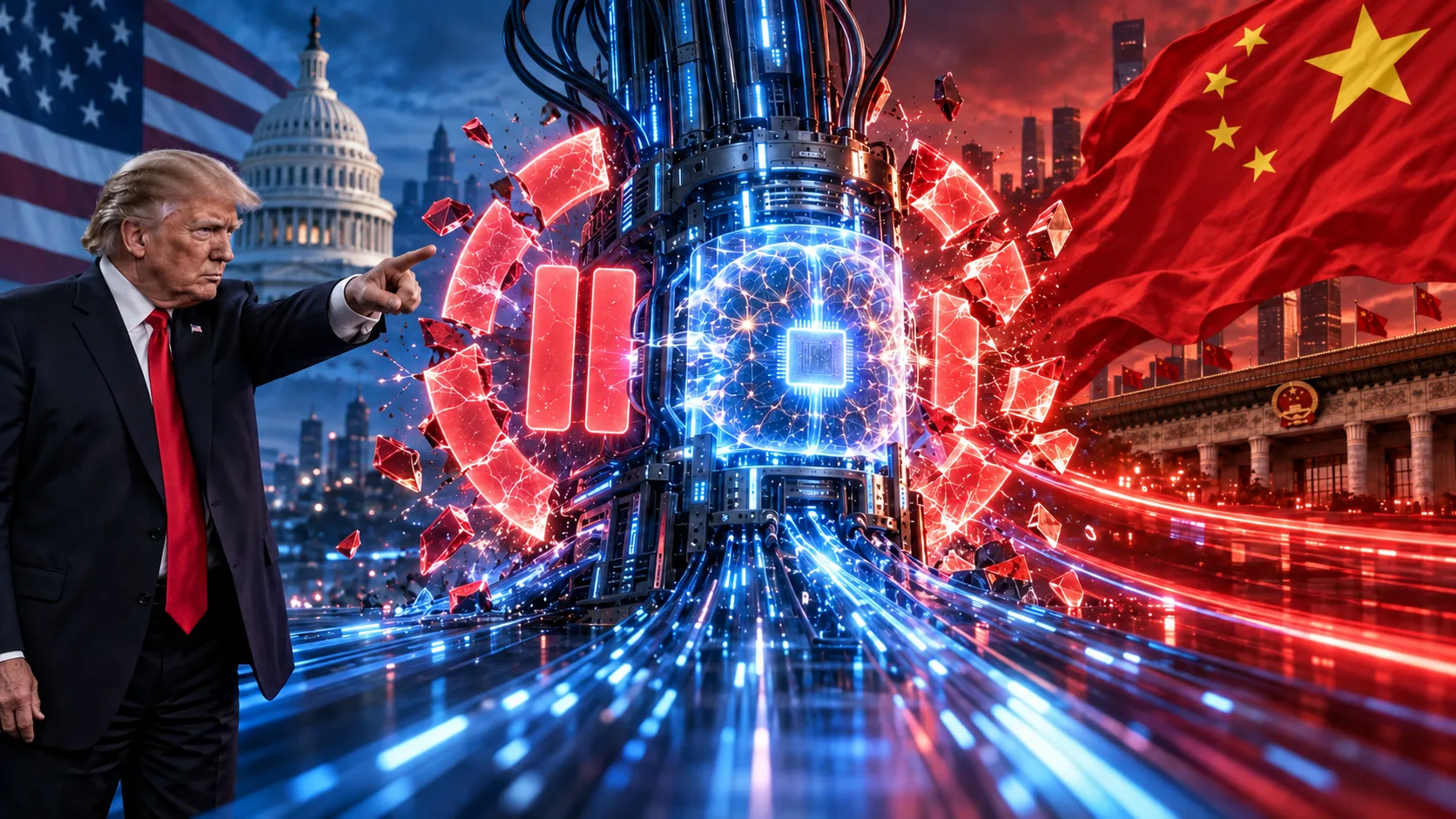 Donald Trump points toward an AI system breaking through a pause symbol between prominent American and Chinese flags.