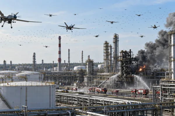Ukrainian drones approach a damaged Russian oil refinery as smoke rises over the facility.