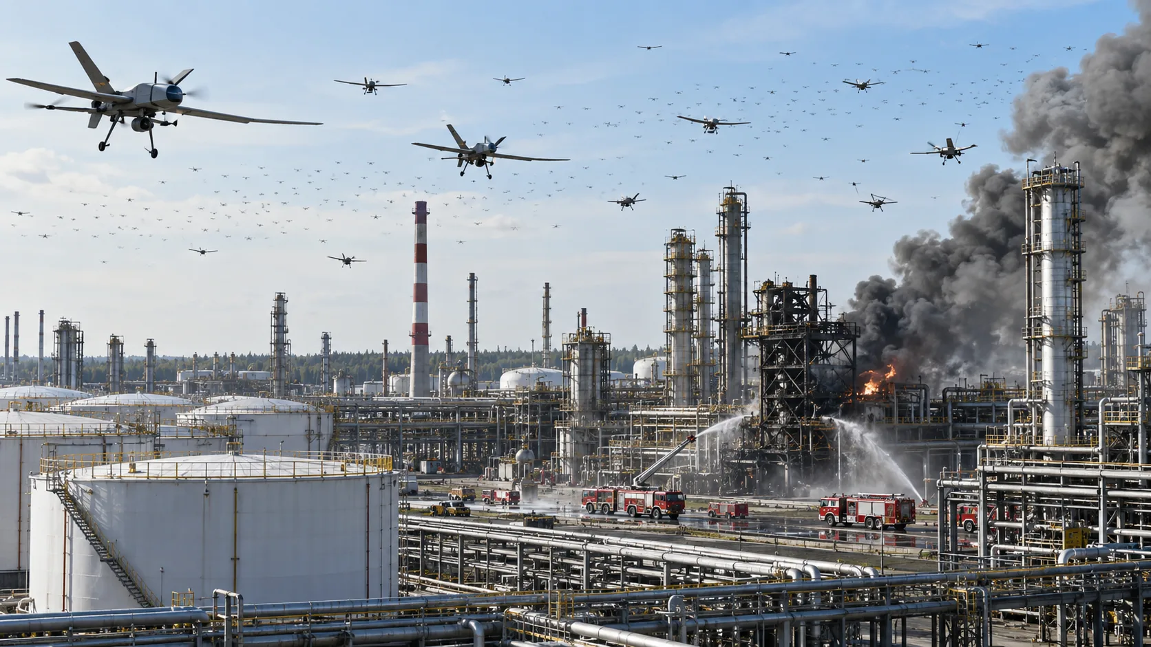 Ukrainian drones approach a damaged Russian oil refinery as smoke rises over the facility.