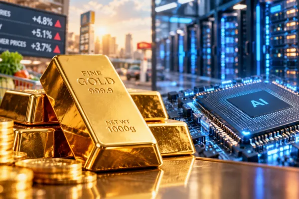 Gold bars beside an AI computer chip and data center, illustrating gold and AI stocks as potential inflation hedges.