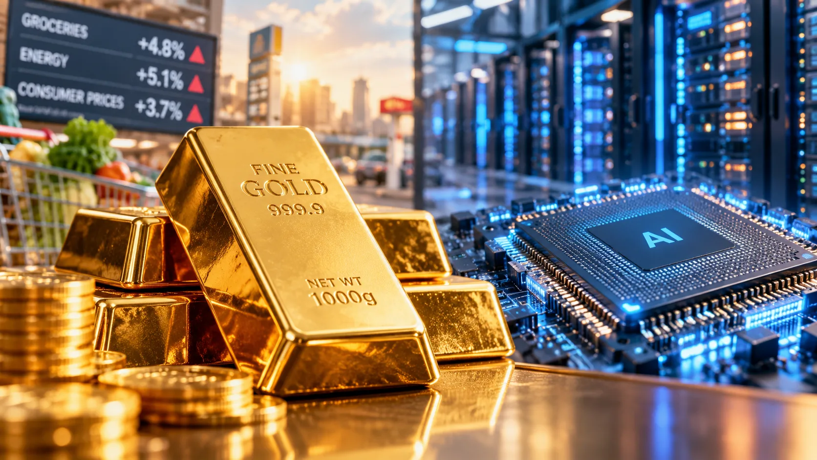 Gold bars beside an AI computer chip and data center, illustrating gold and AI stocks as potential inflation hedges.