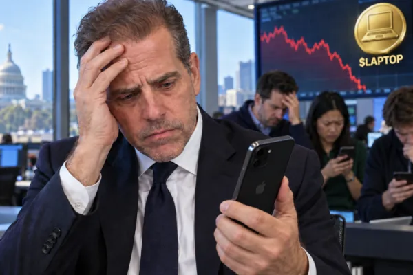Hunter Biden looks at his iPhone as the $LAPTOP meme coin price crashes on a trading screen.
