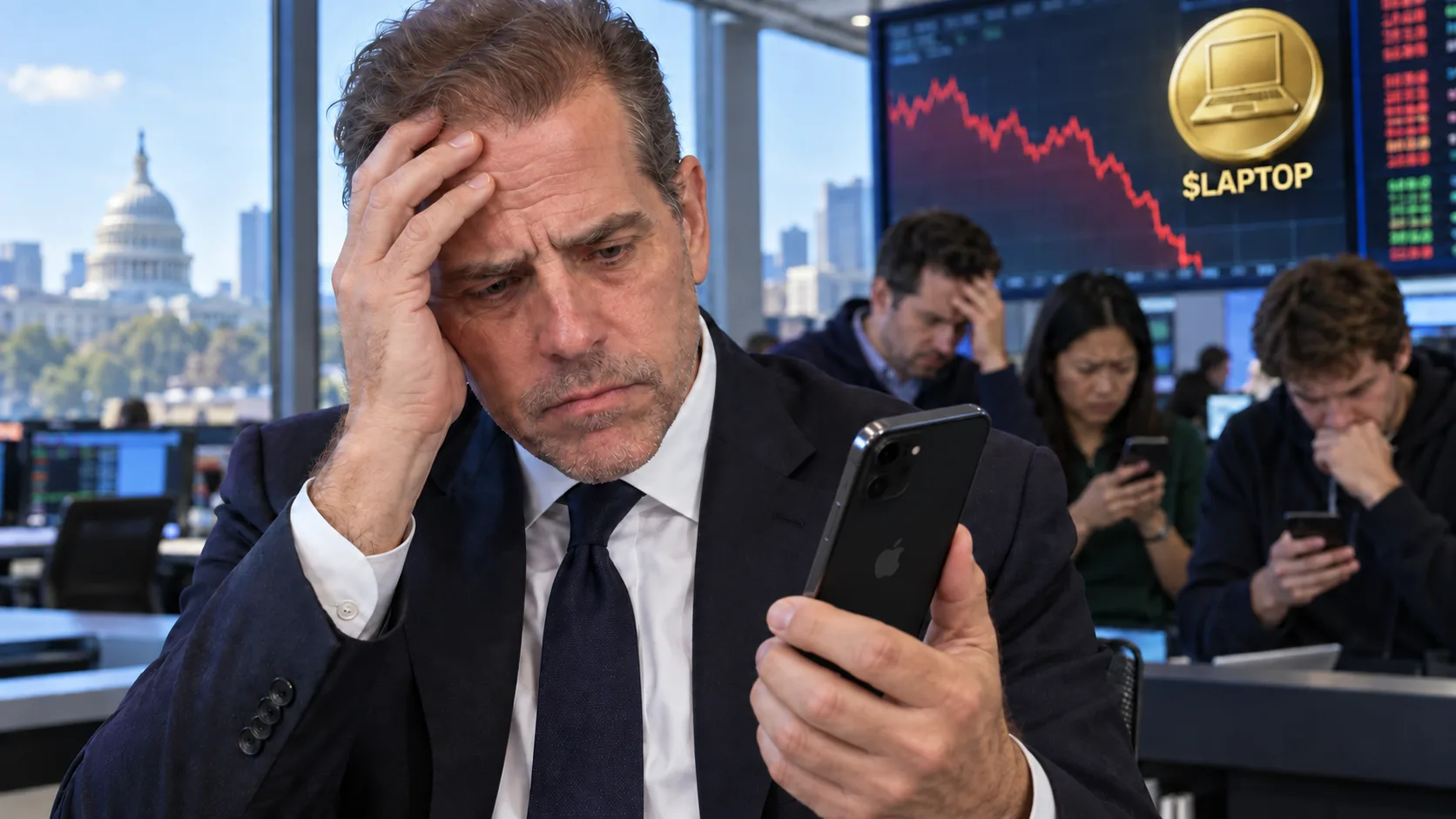 Hunter Biden looks at his iPhone as the $LAPTOP meme coin price crashes on a trading screen.