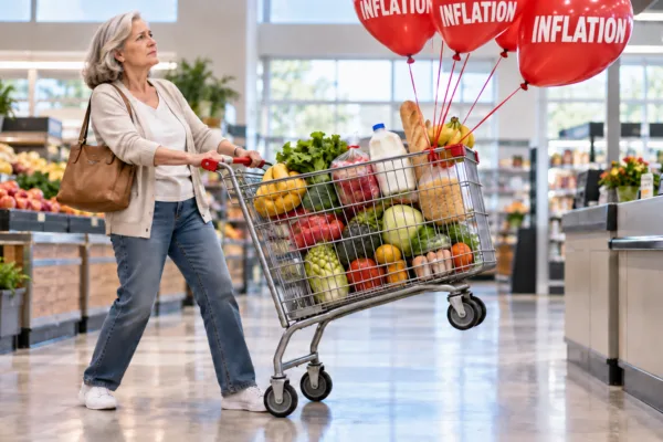 Older woman struggles with a grocery cart lifted by red inflation balloons as rising food prices threaten retirement savings