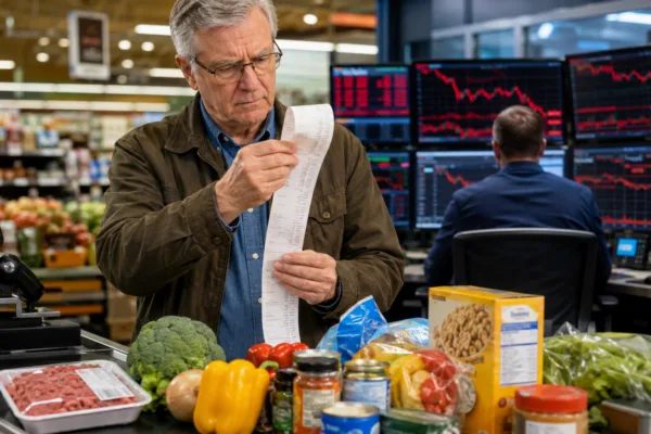 Older shopper reviews a long grocery receipt as food company stocks fall on Wall Street screens.