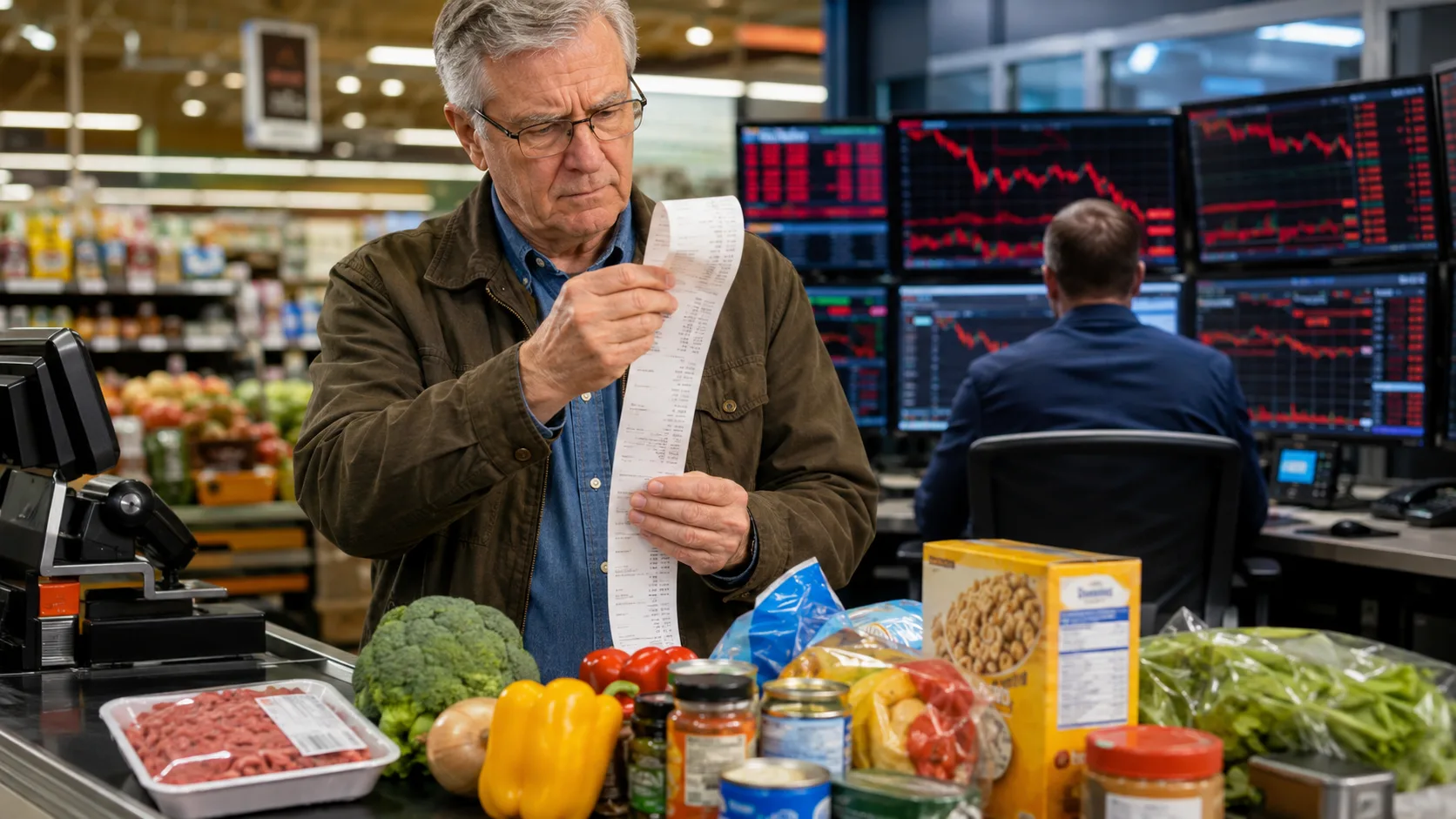 Older shopper reviews a long grocery receipt as food company stocks fall on Wall Street screens.