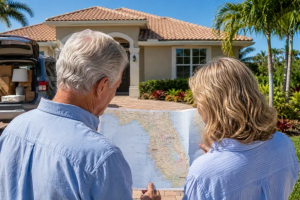 Retired couple reviewing a Florida map outside their new home as Florida cities rank among the best places to retire.