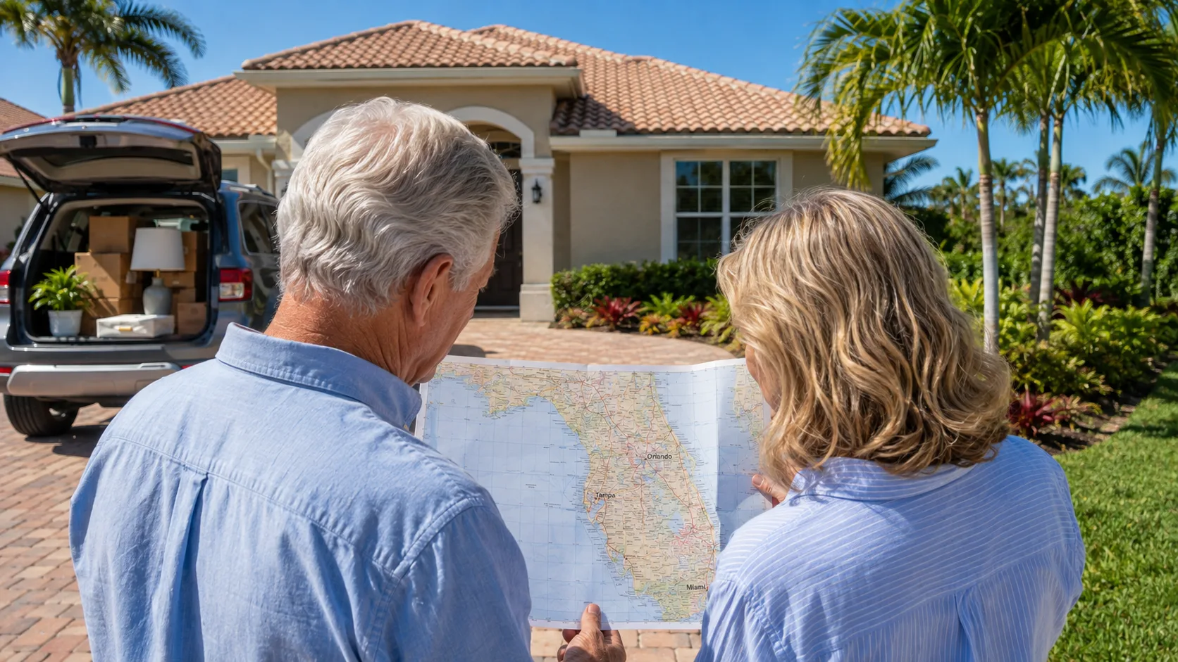 Retired couple reviewing a Florida map outside their new home as Florida cities rank among the best places to retire.
