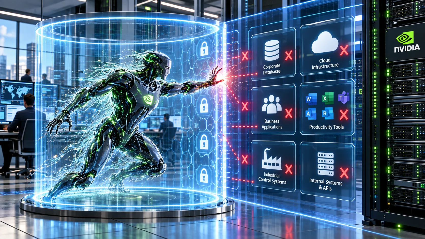 Nvidia AI security platform containing an autonomous AI agent inside a protected data center environment.
