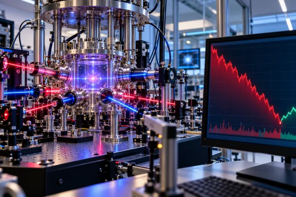 Quantum computing laboratory with market chart showing sharp stock decline and potential rebound.