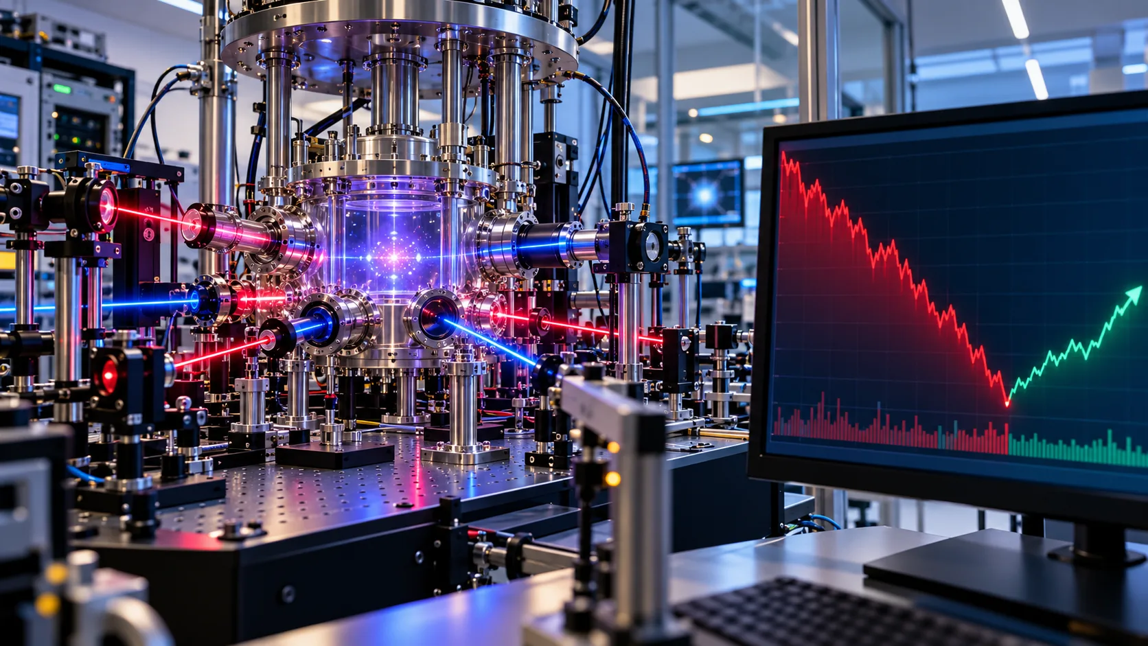 Quantum computing laboratory with market chart showing sharp stock decline and potential rebound.