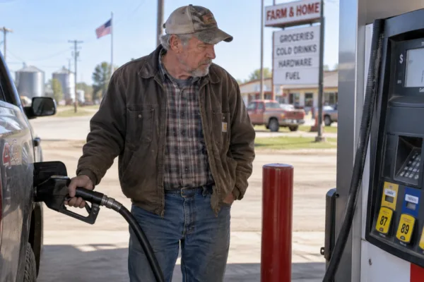 Older rural American man filling his pickup truck at a gas station as fuel costs strain household budgets.