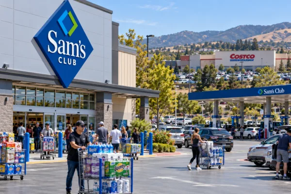 Sam’s Club warehouse and fuel station in California with Costco visible nearby as Walmart expands its warehouse club footprint. Is this conversation helpful so far