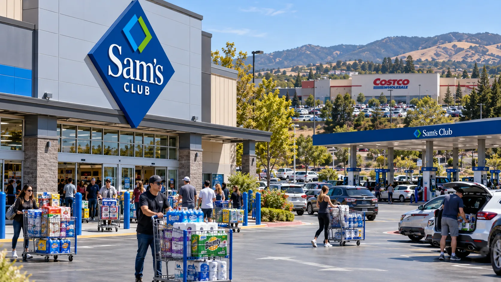 Sam’s Club warehouse and fuel station in California with Costco visible nearby as Walmart expands its warehouse club footprint. Is this conversation helpful so far