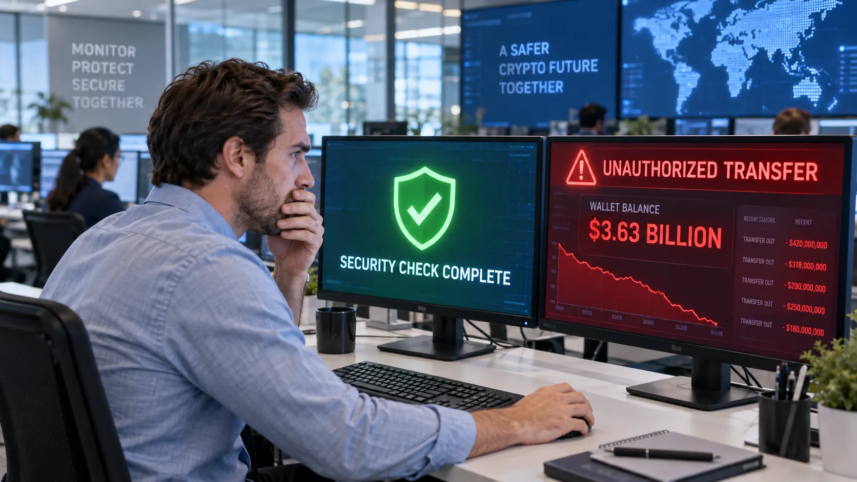 Cryptocurrency security platform shows completed security check as hackers steal $3.63 billion in digital assets.
