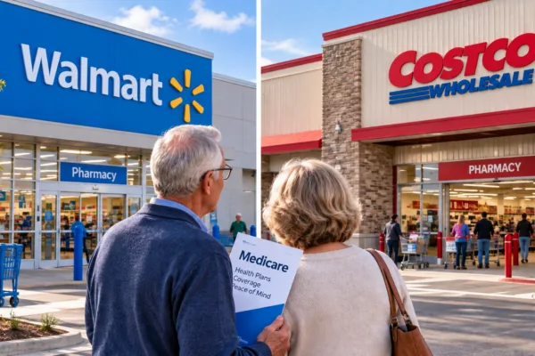 Walmart and Costco stores with older couple holding Medicare information as retailers expand into Medicare Advantage plans.