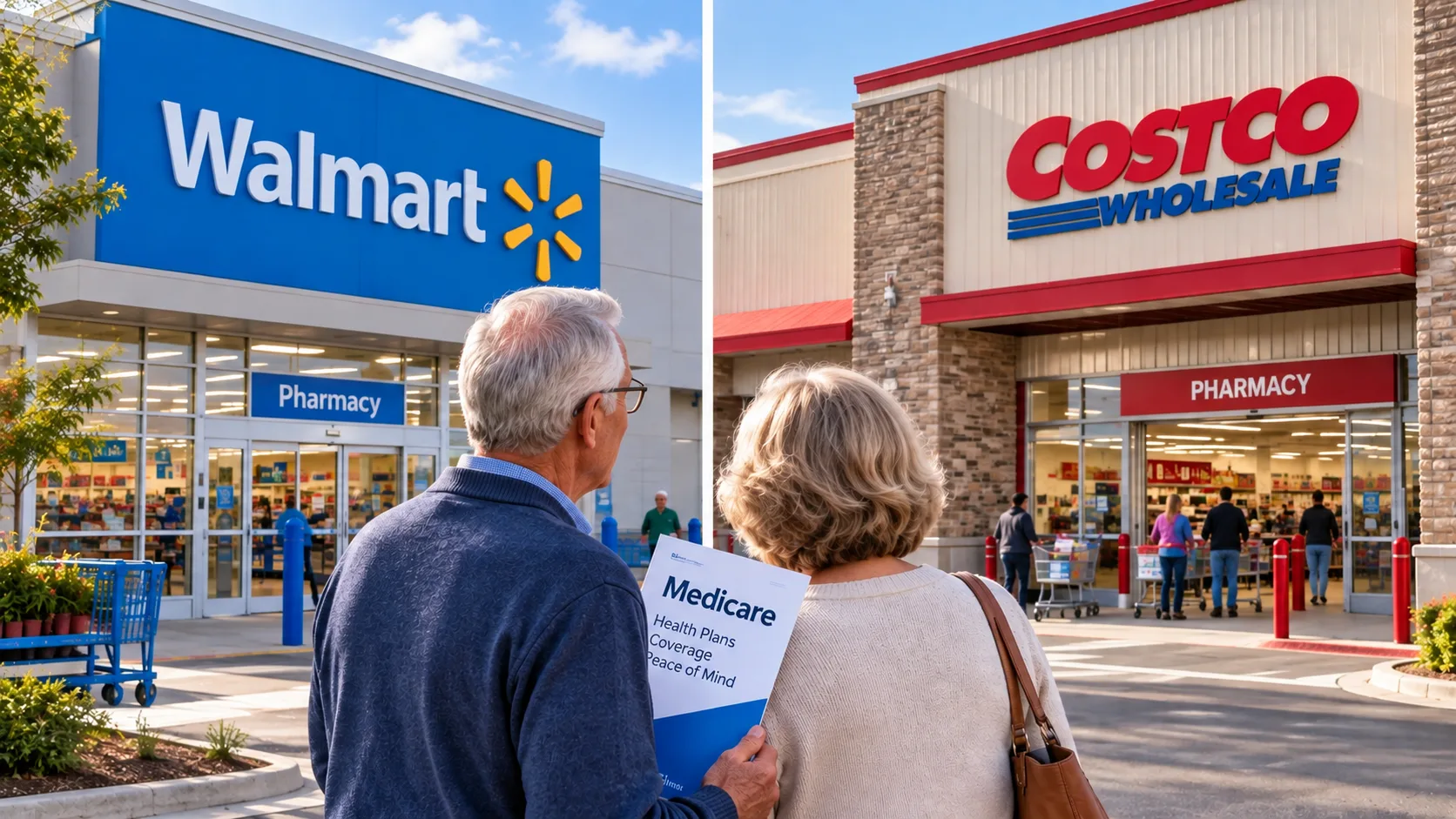 Walmart and Costco stores with older couple holding Medicare information as retailers expand into Medicare Advantage plans.