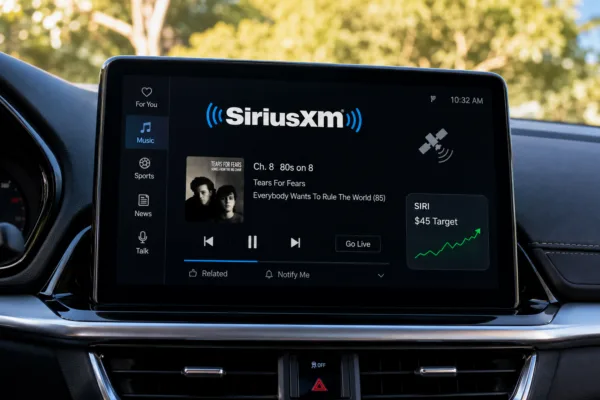 SiriusXM satellite radio displayed on a car dashboard with a $45 stock price target and rising SIRI chart.