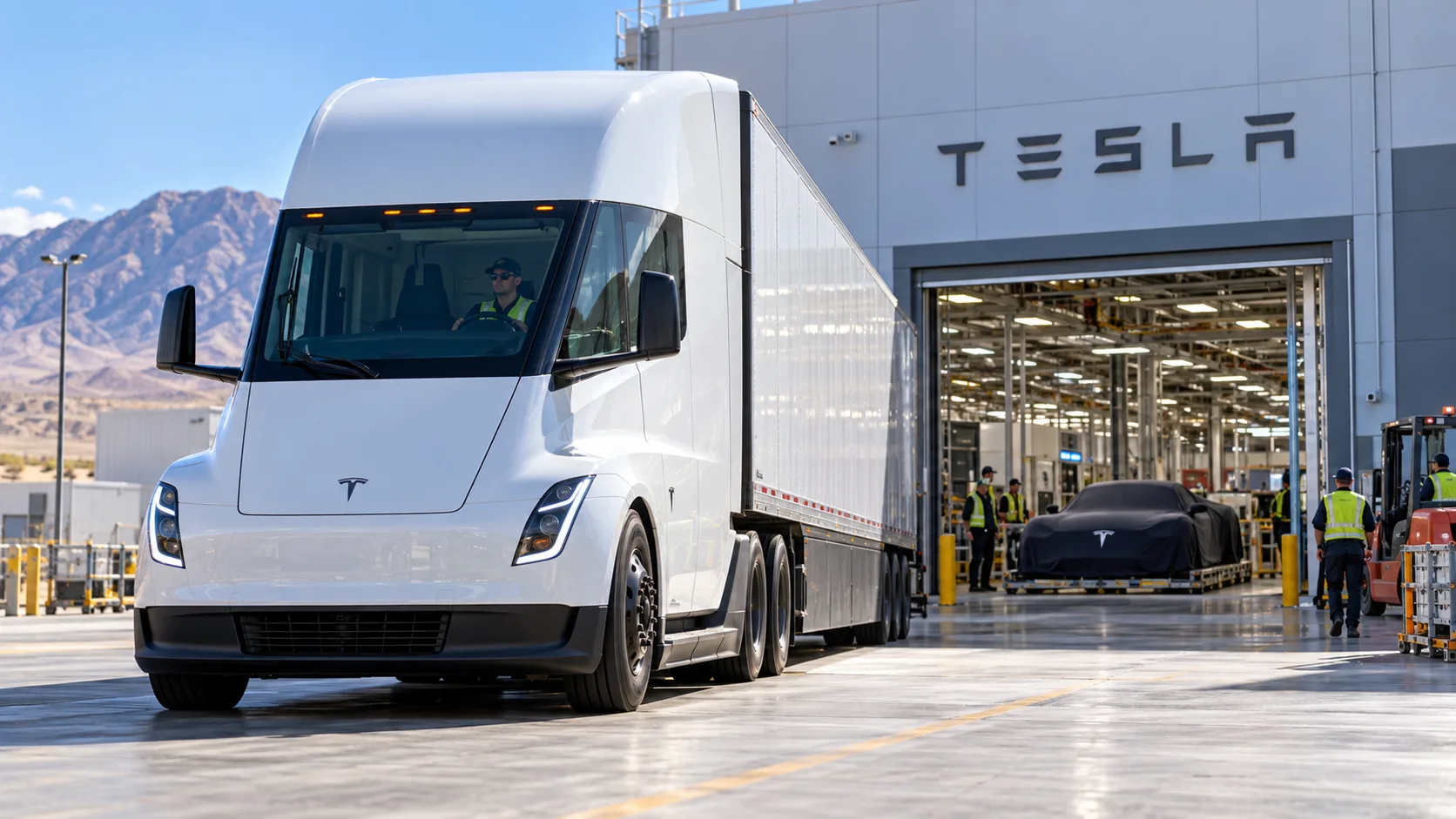 Tesla Semi electric truck leaving a Nevada production facility as Tesla launches mass production ahead of its next Roadster event.