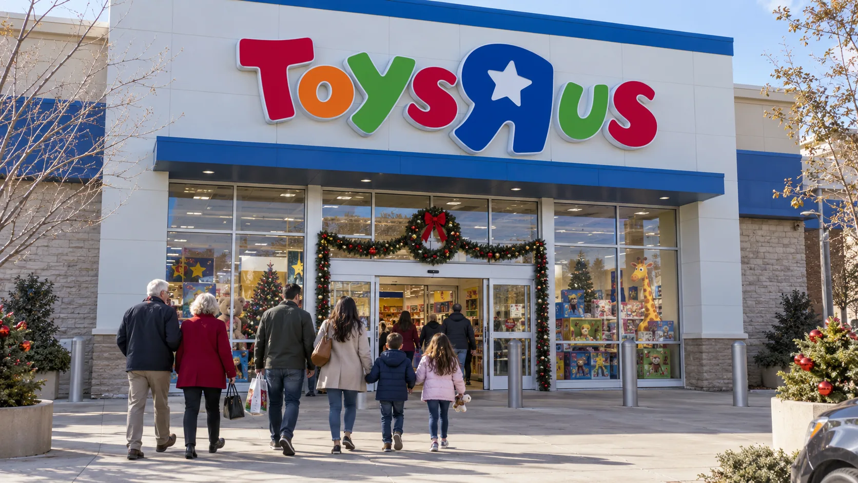 Toys R Us store reopening as families shop during the holiday season.