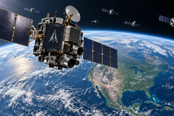 U.S. military satellite orbiting above North America as additional defense satellites form a space-based constellation.