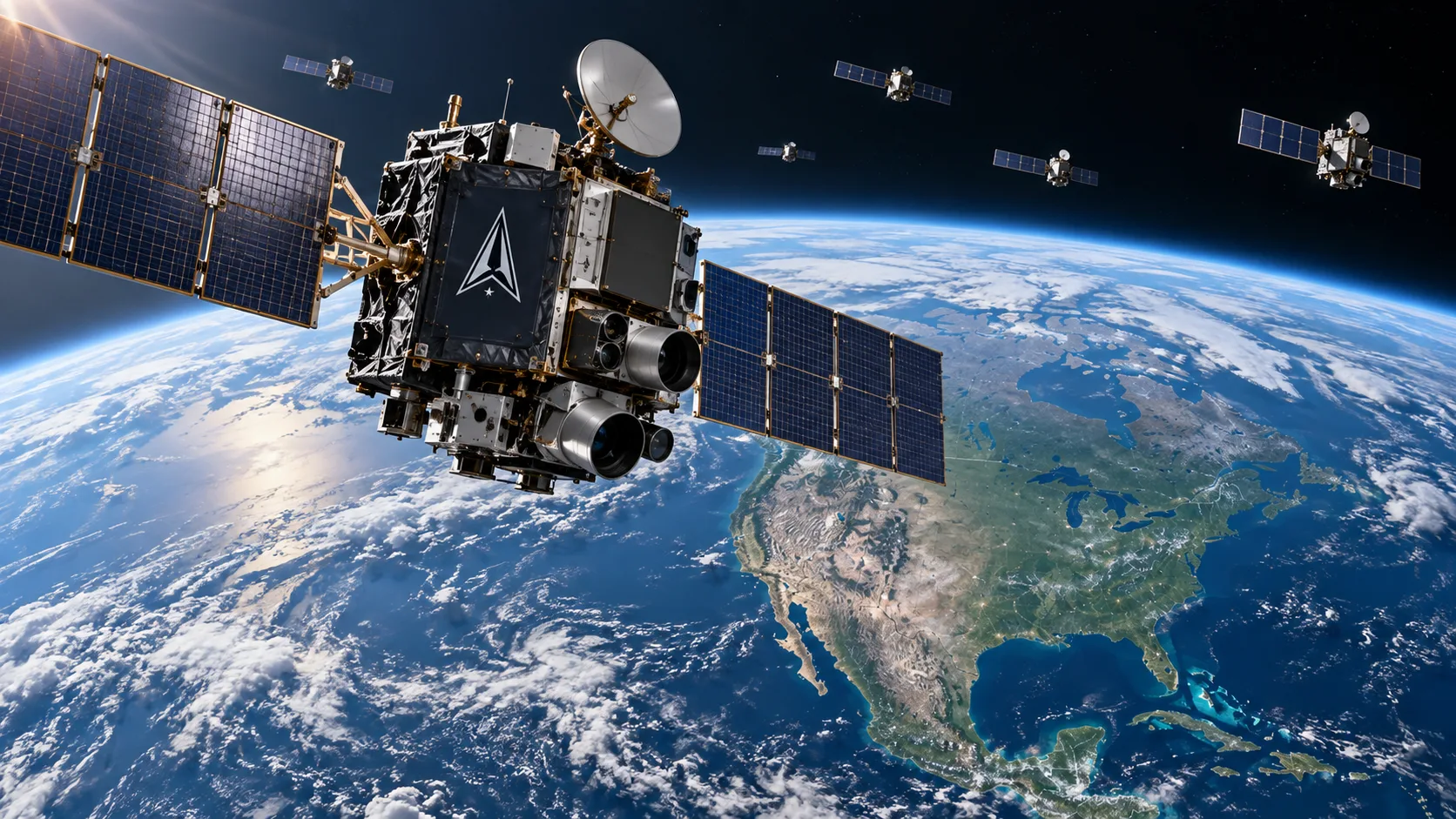 U.S. military satellite orbiting above North America as additional defense satellites form a space-based constellation.