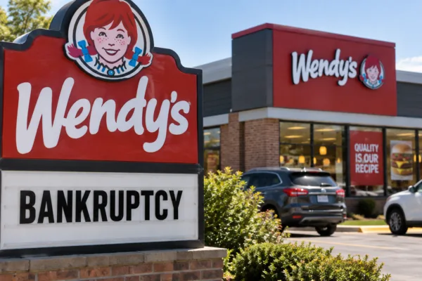 Wendy’s restaurant with bankruptcy sign as major franchisee Meritage Hospitality files for Chapter 11 protection
