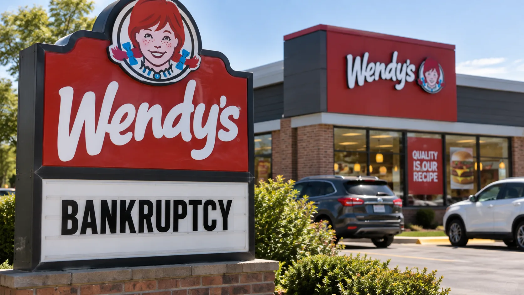 Wendy’s restaurant with bankruptcy sign as major franchisee Meritage Hospitality files for Chapter 11 protection