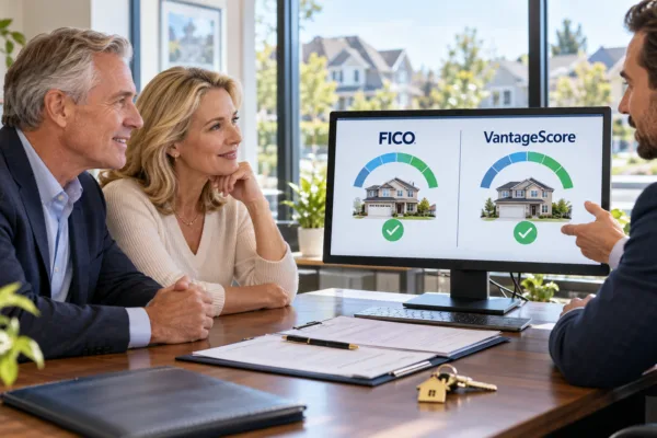 Older couple reviews FICO and VantageScore mortgage options with a home-loan adviser.