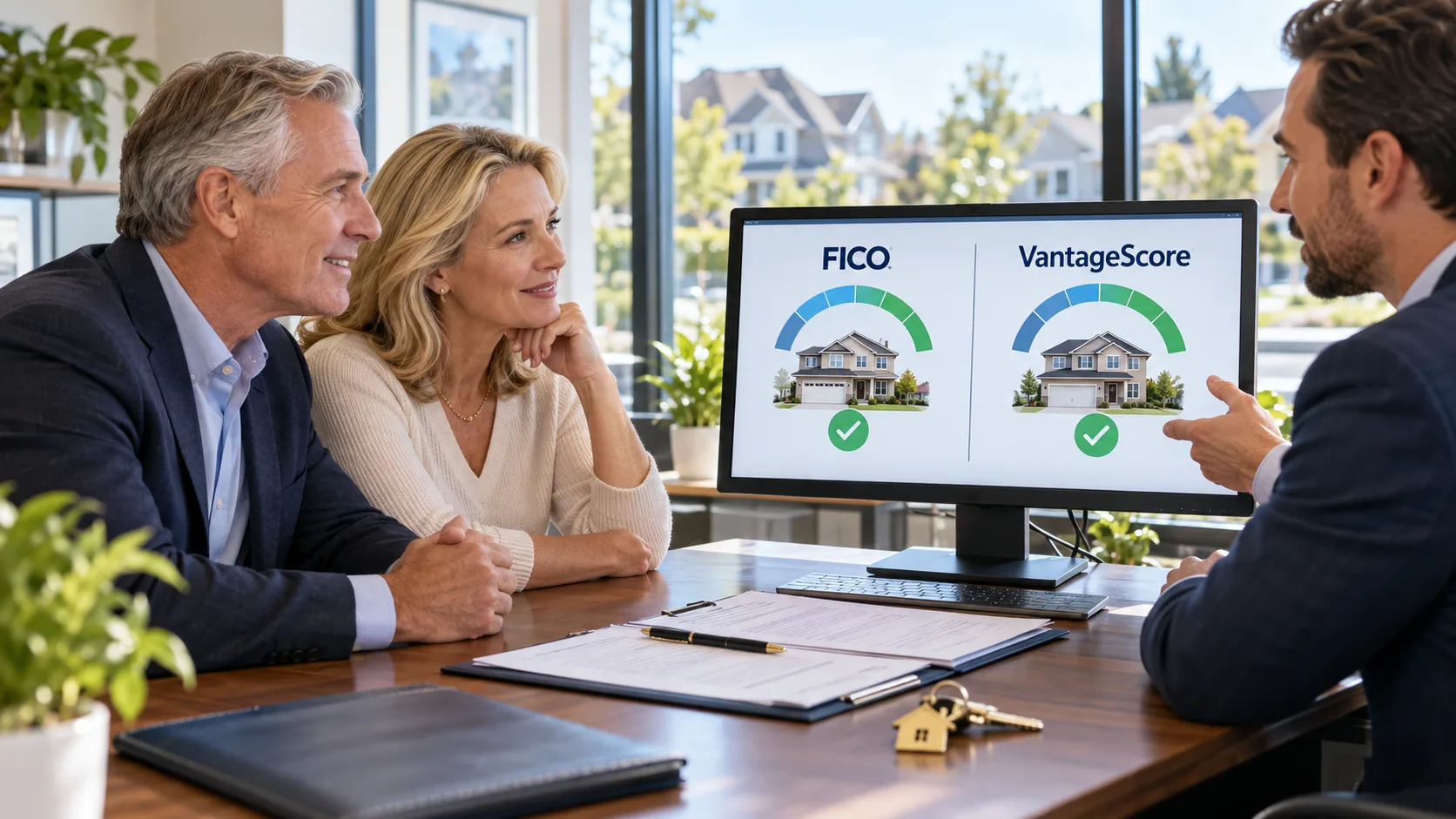 Older couple reviews FICO and VantageScore mortgage options with a home-loan adviser.