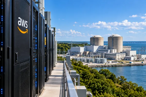 AWS servers beside a nuclear power plant, representing Amazon’s nuclear energy deal with Constellation.