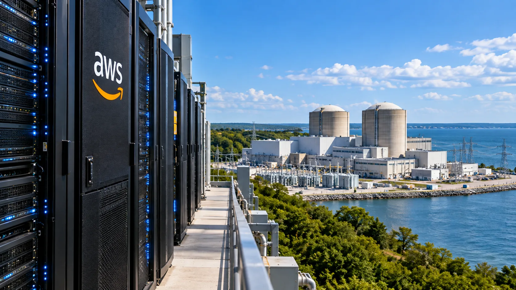 AWS servers beside a nuclear power plant, representing Amazon’s nuclear energy deal with Constellation.