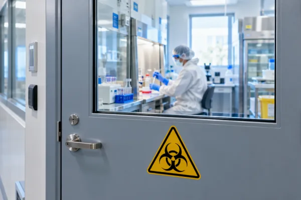 Biohazard Lab Door, Technician Inside