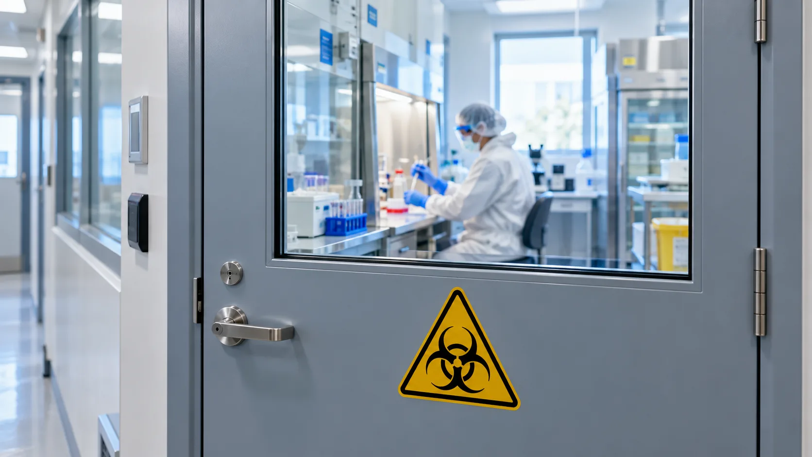 Biohazard Lab Door, Technician Inside