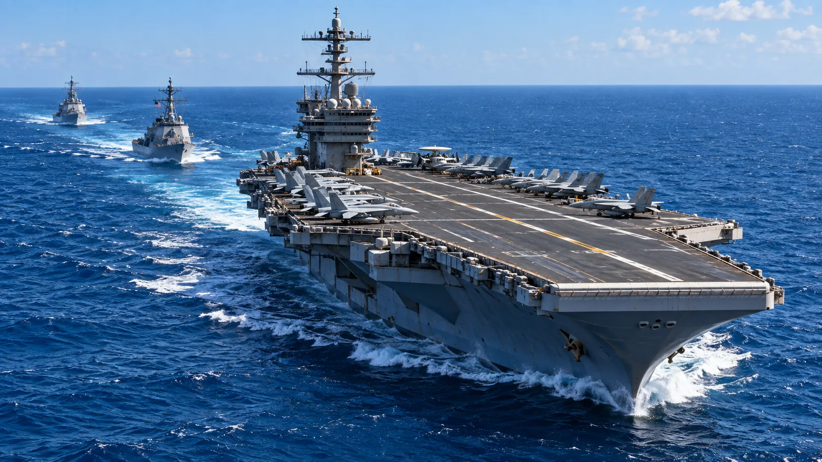 Editorial illustration of a U.S. aircraft carrier with fighter jets on deck and two escort ships underway at sea.