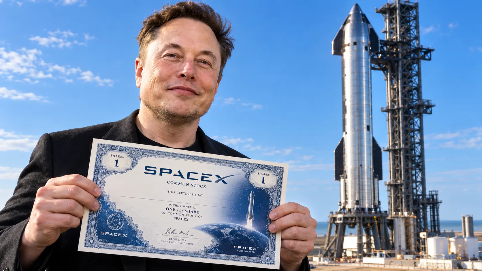 Elon Musk Holding SpaceX Certificate by Starship