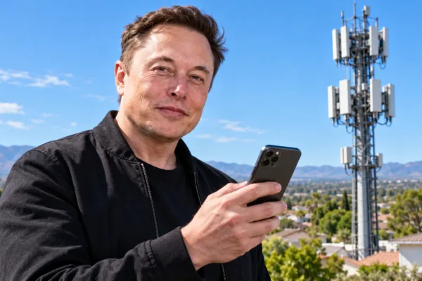Elon Musk with smartphone by cell tower