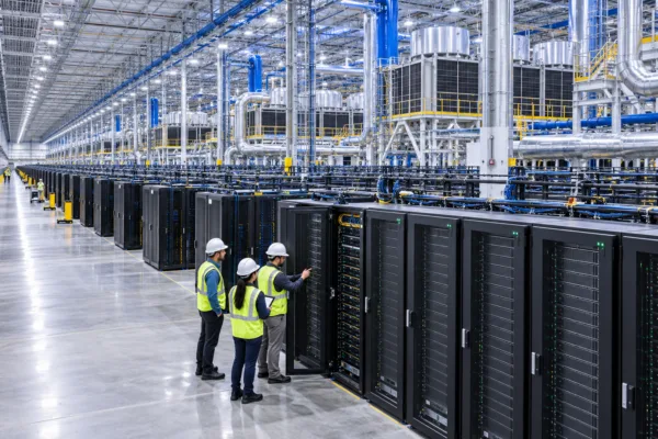 Engineers Inspecting a Massive Data Center