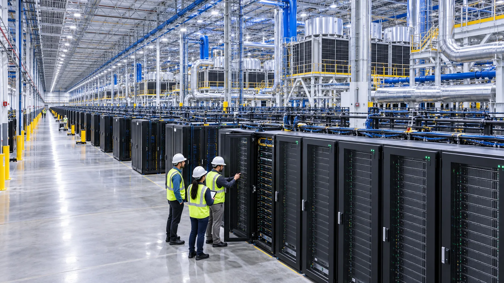 Engineers Inspecting a Massive Data Center