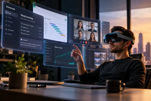 Futuristic AR Workspace at Sunset