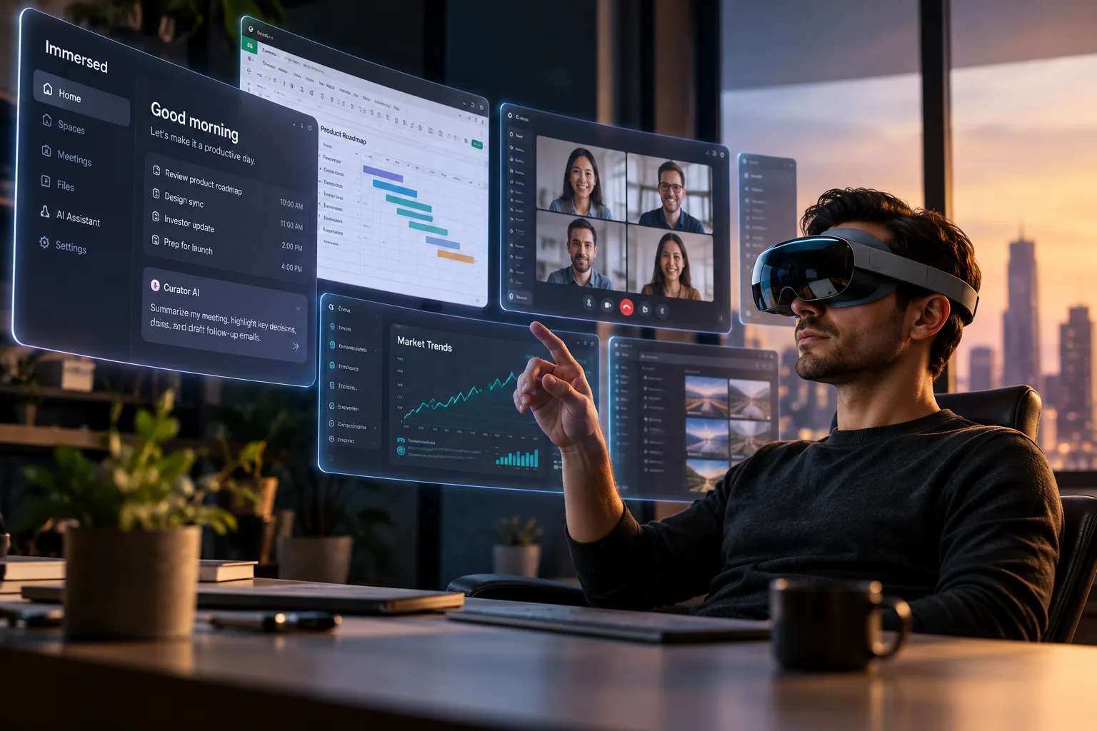 Futuristic AR Workspace at Sunset