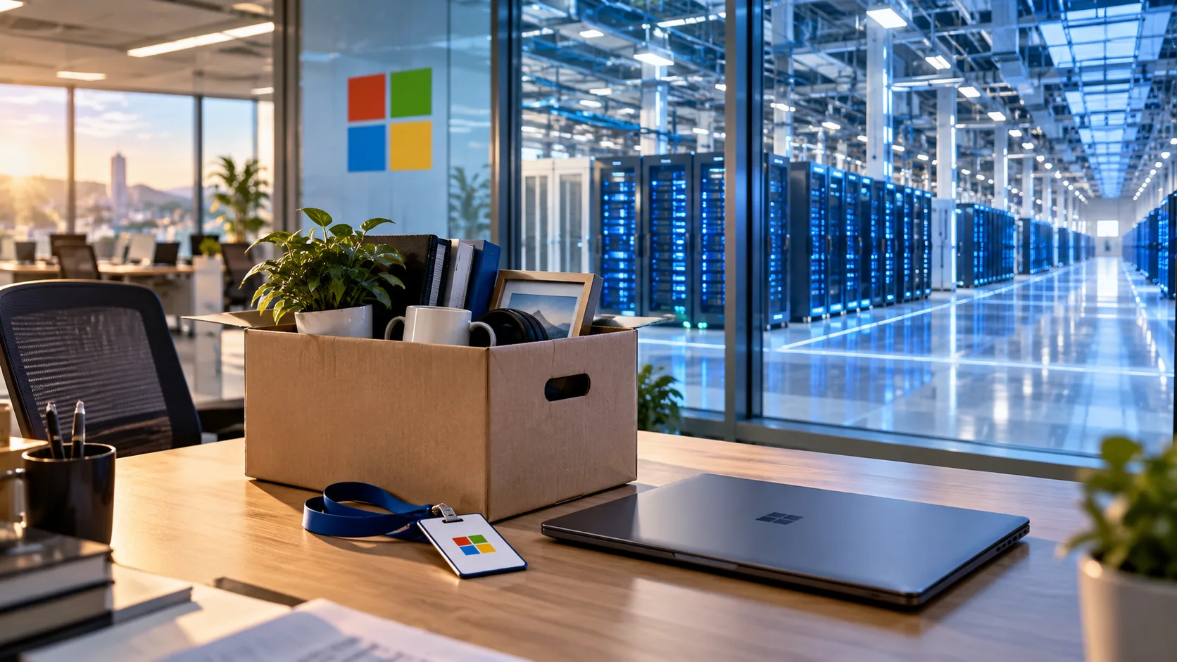 Packed Desk, Glass and Servers