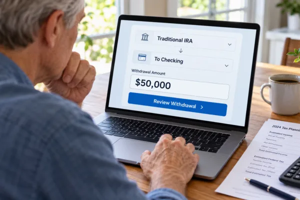 Older adult reviewing a $50,000 traditional IRA withdrawal on a laptop beside a tax-planning worksheet and calculator.