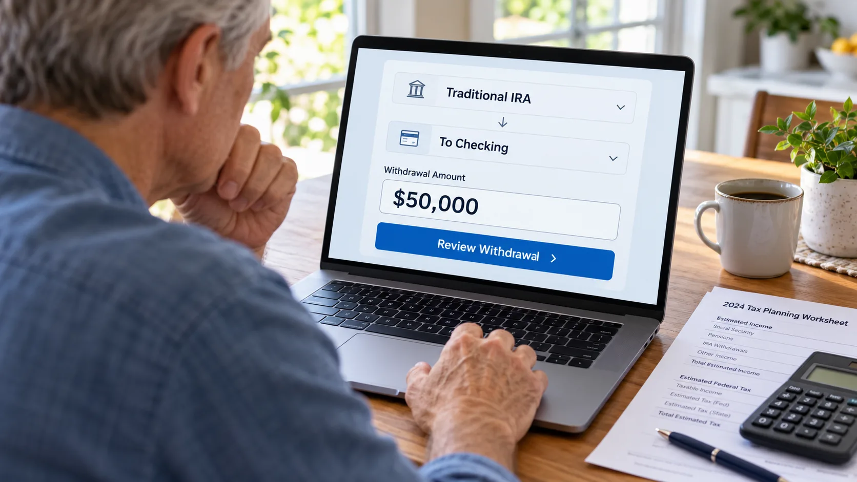 Older adult reviewing a $50,000 traditional IRA withdrawal on a laptop beside a tax-planning worksheet and calculator.