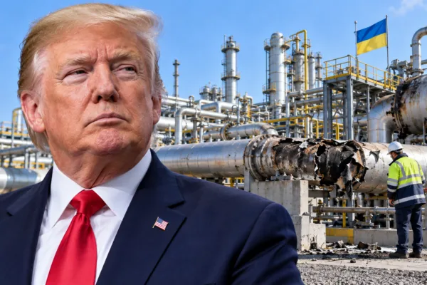 Trump portrait over damaged Ukrainian gas facility