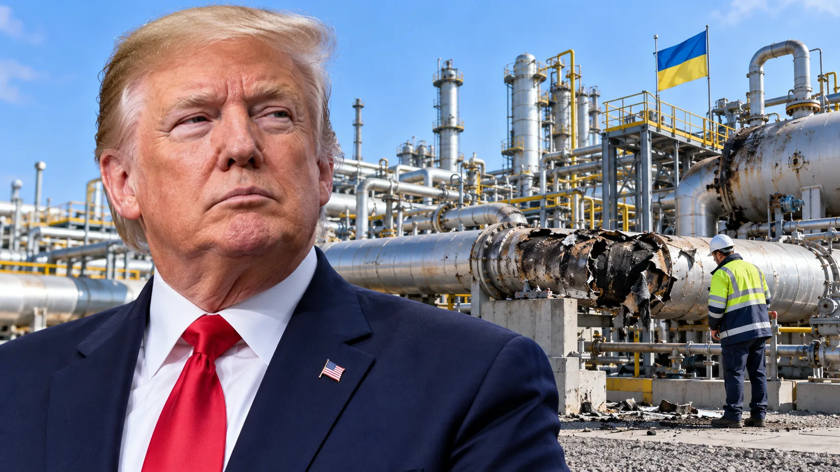 Trump portrait over damaged Ukrainian gas facility